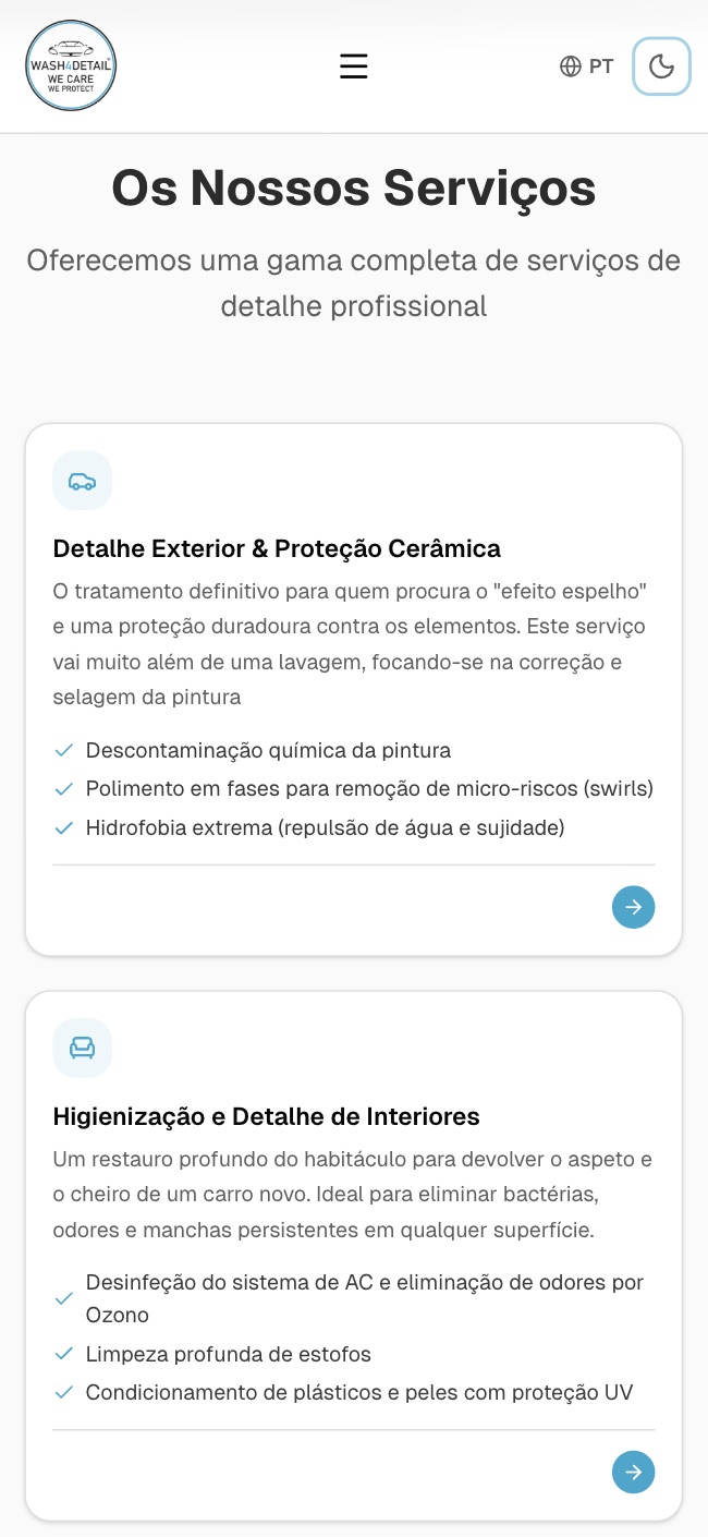 Site da Wash4Detail em telemóvel